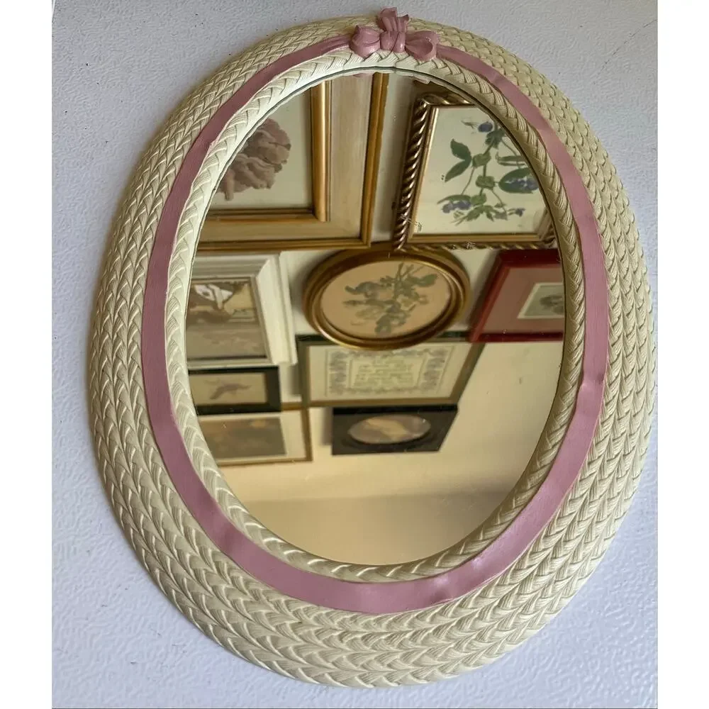 Vintage Oval Nursery Mirror Pink Bow Woven Frame Home girls wall cottage cute